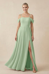 Off - the - Shoulder Sweetheart A - Line Chiffon Bridesmaid Dress in Sage - KissProm Bridesmaid Dresses