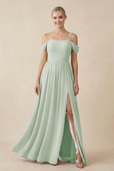 Off - the - Shoulder Sweetheart A - Line Chiffon Bridesmaid Dress in Sage - KissProm Bridesmaid Dresses