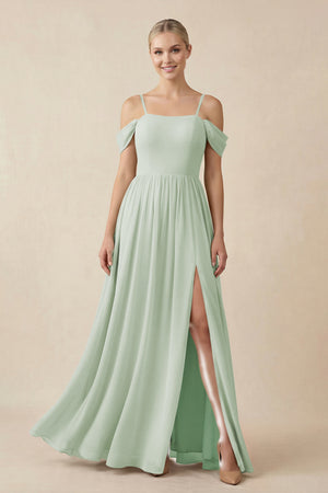 Off - the - Shoulder Sweetheart A - Line Chiffon Bridesmaid Dress in Sage - KissProm Bridesmaid Dresses
