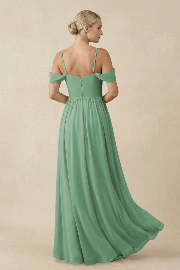 Off - the - Shoulder Sweetheart A - Line Chiffon Bridesmaid Dress in Sea Glass - KissProm Bridesmaid Dresses