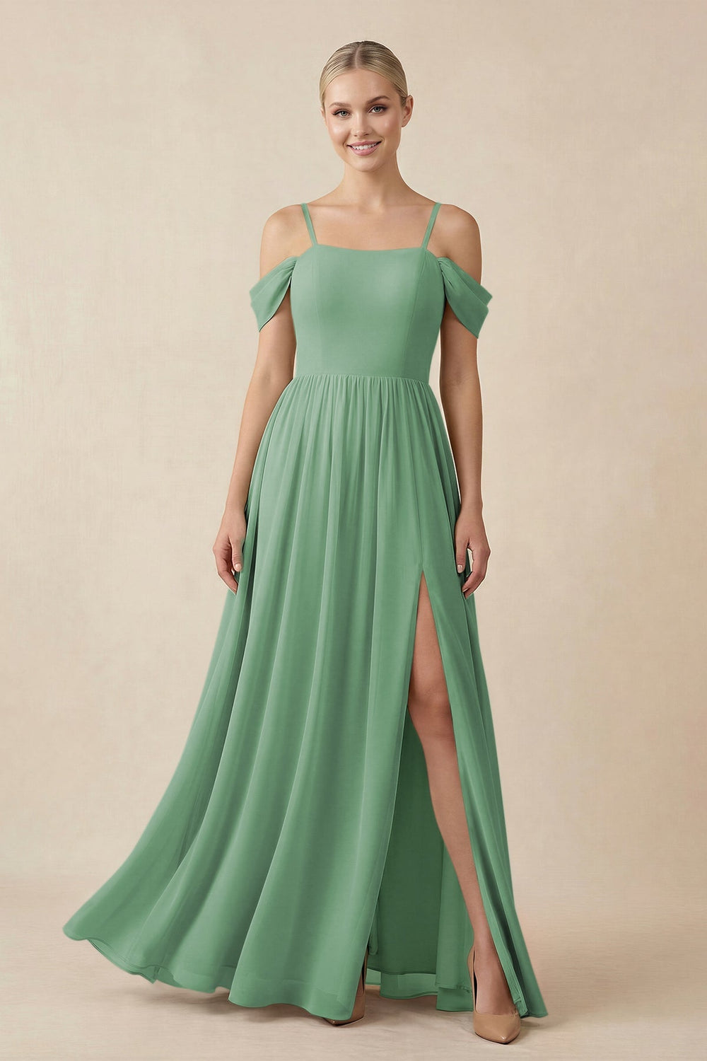 Off - the - Shoulder Sweetheart A - Line Chiffon Bridesmaid Dress in Sea Glass - KissProm Bridesmaid Dresses