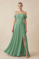 Off - the - Shoulder Sweetheart A - Line Chiffon Bridesmaid Dress in Sea Glass - KissProm Bridesmaid Dresses