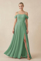 Off - the - Shoulder Sweetheart A - Line Chiffon Bridesmaid Dress in Sea Glass - KissProm Bridesmaid Dresses