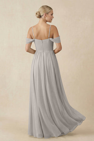 Off - the - Shoulder Sweetheart A - Line Chiffon Bridesmaid Dress in Silver - KissProm Bridesmaid Dresses