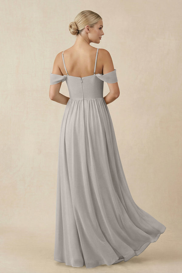 Off - the - Shoulder Sweetheart A - Line Chiffon Bridesmaid Dress in Silver - KissProm Bridesmaid Dresses