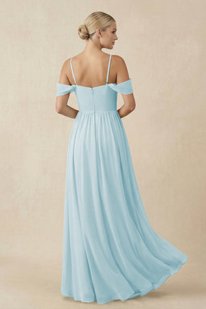 Off - the - Shoulder Sweetheart A - Line Chiffon Bridesmaid Dress in Sky Blue - KissProm Bridesmaid Dresses