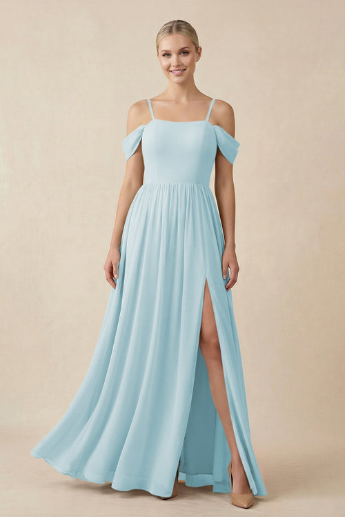 Off - the - Shoulder Sweetheart A - Line Chiffon Bridesmaid Dress in Sky Blue - KissProm Bridesmaid Dresses