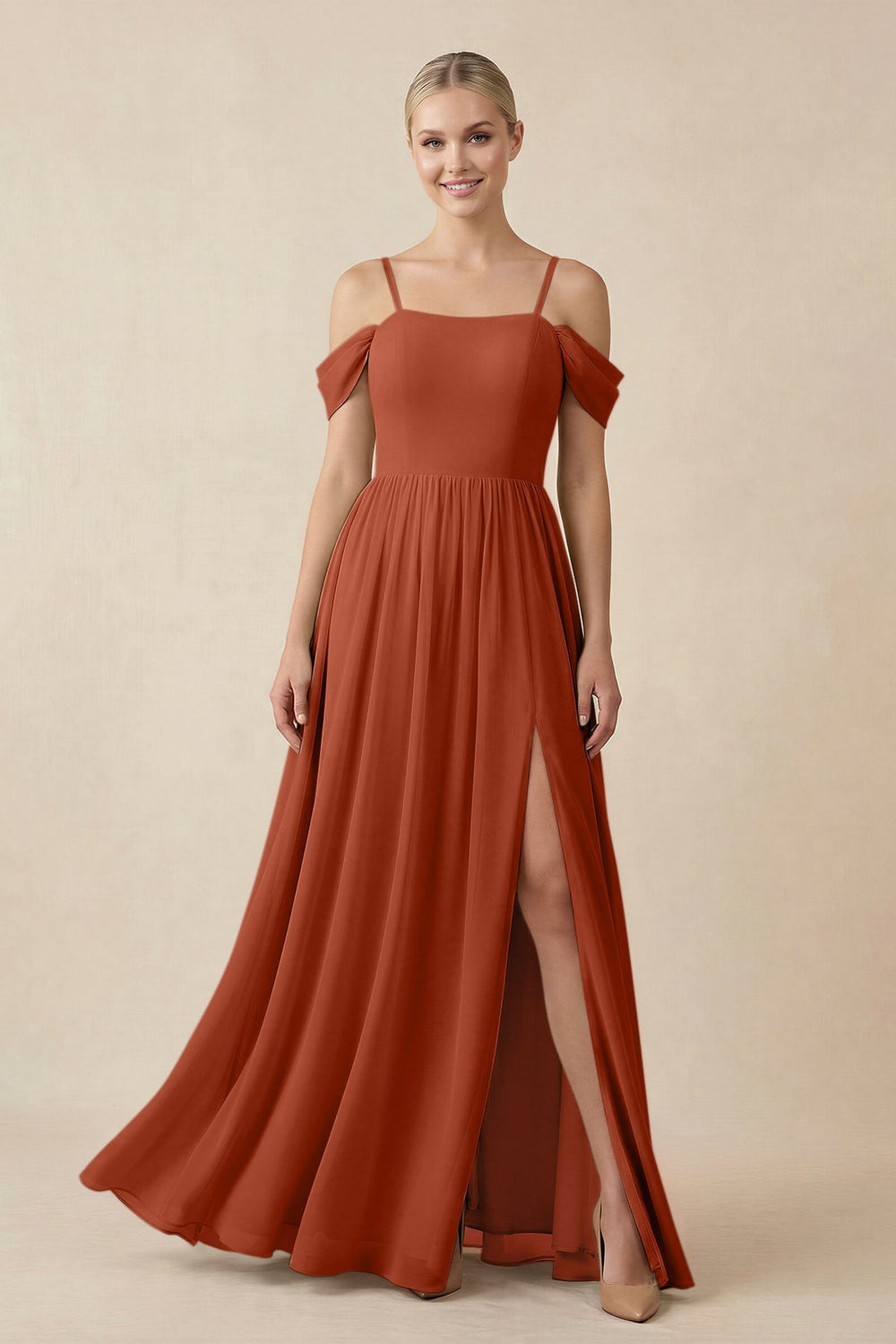 Off - the - Shoulder Sweetheart A - Line Chiffon Bridesmaid Dress in Spice - KissProm Bridesmaid Dresses