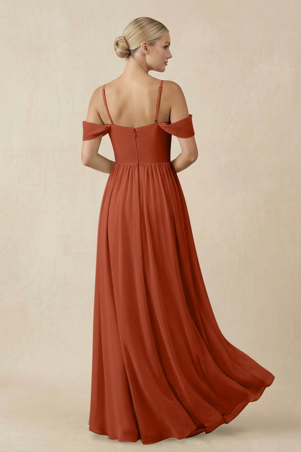 Off - the - Shoulder Sweetheart A - Line Chiffon Bridesmaid Dress in Spice - KissProm Bridesmaid Dresses