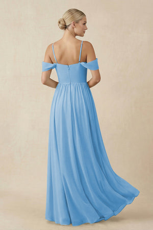 Off - the - Shoulder Sweetheart A - Line Chiffon Bridesmaid Dress in Steel Blue - KissProm Bridesmaid Dresses