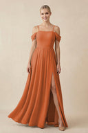 Off - the - Shoulder Sweetheart A - Line Chiffon Bridesmaid Dress in Terracotta - KissProm Bridesmaid Dresses
