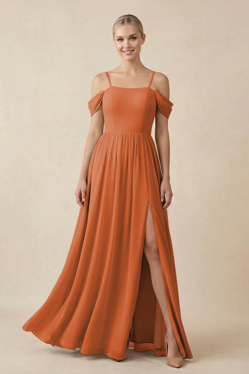 Off - the - Shoulder Sweetheart A - Line Chiffon Bridesmaid Dress in Terracotta - KissProm Bridesmaid Dresses