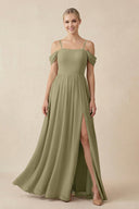 Off - the - Shoulder Sweetheart A - Line Chiffon Bridesmaid Dress in Thyme - KissProm Bridesmaid Dresses