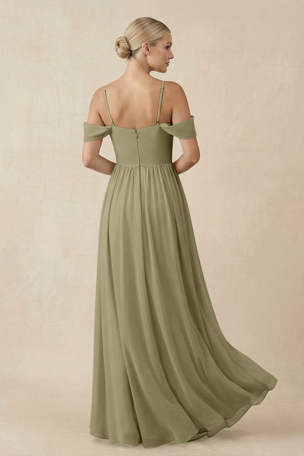 Off - the - Shoulder Sweetheart A - Line Chiffon Bridesmaid Dress in Thyme - KissProm Bridesmaid Dresses