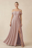 Off - the - Shoulder Sweetheart A - Line Chiffon Bridesmaid Dress in Toffee - KissProm Bridesmaid Dresses