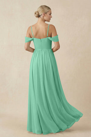 Off - the - Shoulder Sweetheart A - Line Chiffon Bridesmaid Dress in Turquoise - KissProm Bridesmaid Dresses