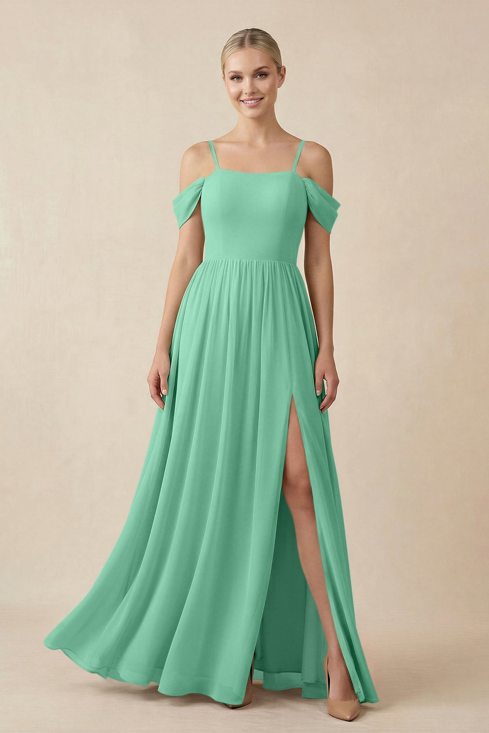 Off - the - Shoulder Sweetheart A - Line Chiffon Bridesmaid Dress in Turquoise - KissProm Bridesmaid Dresses