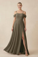 Off - the - Shoulder Sweetheart A - Line Chiffon Bridesmaid Dress in Willow Green - KissProm Bridesmaid Dresses
