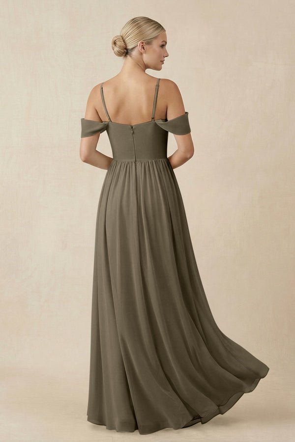 Off - the - Shoulder Sweetheart A - Line Chiffon Bridesmaid Dress in Willow Green - KissProm Bridesmaid Dresses