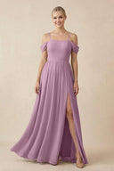 Off - the - Shoulder Sweetheart A - Line Chiffon Bridesmaid Dress in Wisteria - KissProm Bridesmaid Dresses