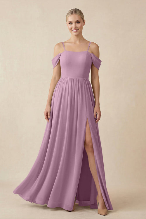 Off - the - Shoulder Sweetheart A - Line Chiffon Bridesmaid Dress in Wisteria - KissProm Bridesmaid Dresses