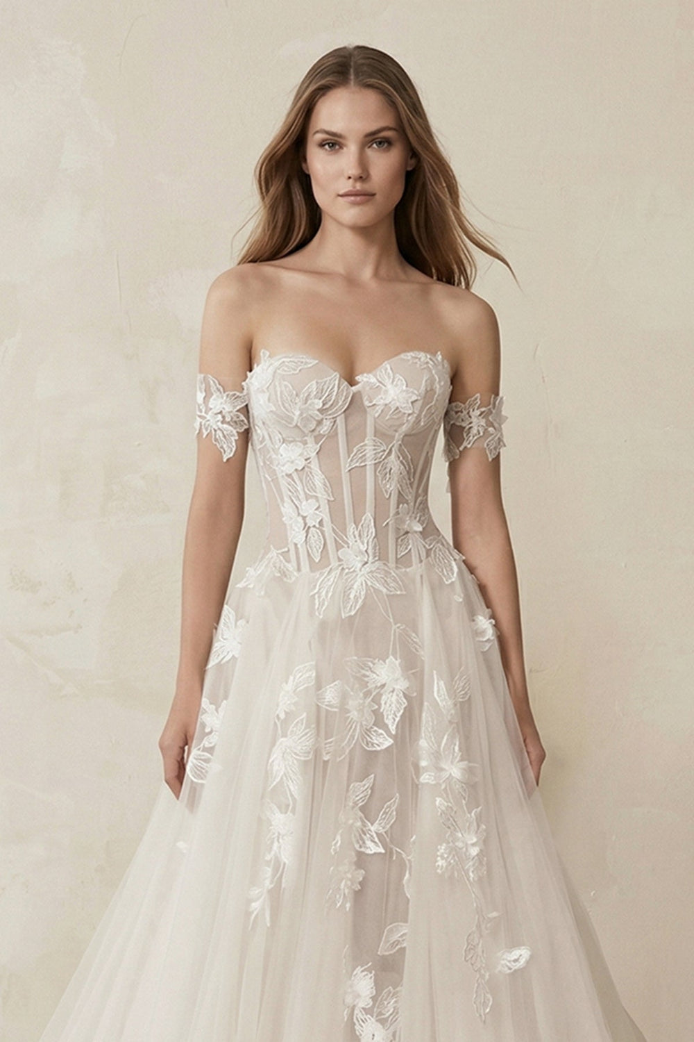 Off - the - Shoulder Tulle A - Line Corset Appliqued Wedding Dress in Ivory - KissProm Wedding Dresses