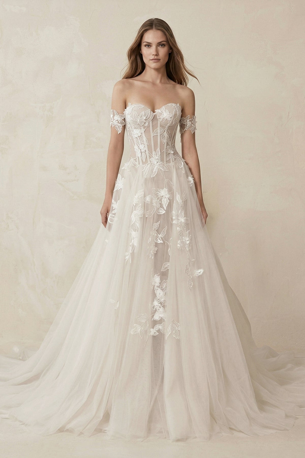 Off - the - Shoulder Tulle A - Line Corset Appliqued Wedding Dress in Ivory - KissProm Wedding Dresses