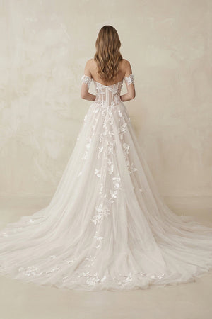 Off - the - Shoulder Tulle A - Line Corset Appliqued Wedding Dress in Ivory - KissProm Wedding Dresses