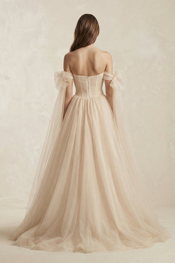 Beach Pleated Tulle Off-The-Shoulder A-Line Wedding Dresses With Slit – Wedding Dresses by KissProm | Available at KissProm