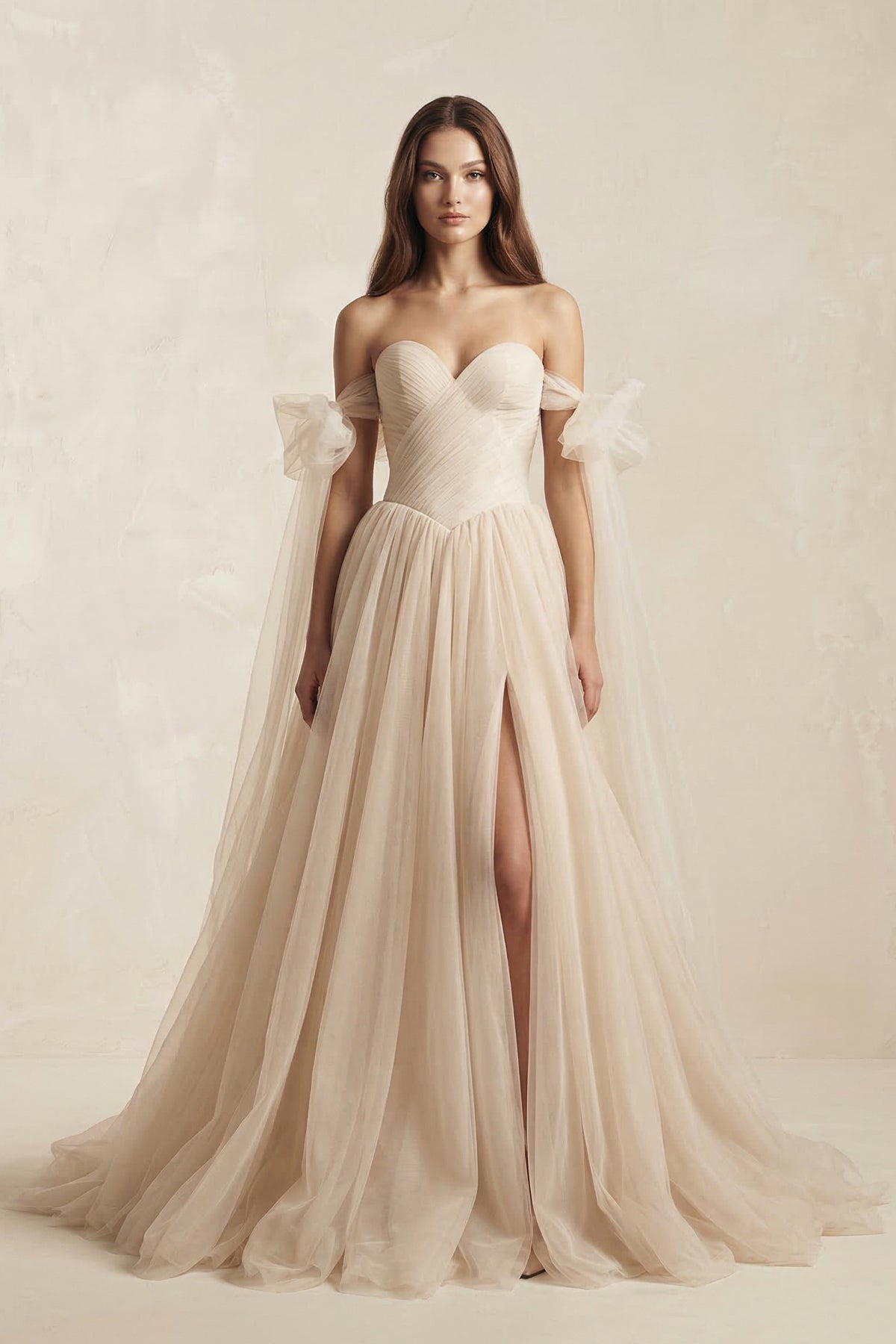 KissProm Beach Pleated Tulle Off-The-Shoulder A-Line Wedding Dresses With Slit, Champagne / 16