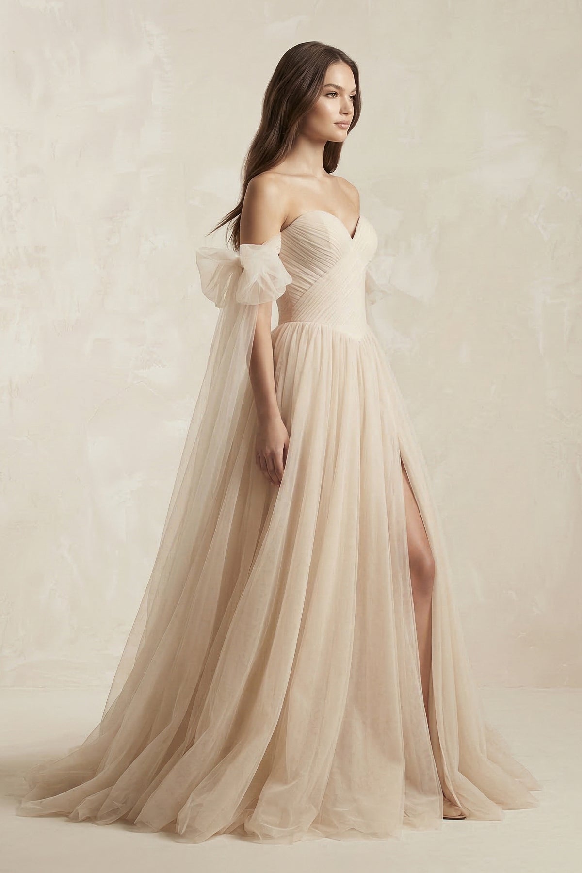 Beach Pleated Tulle Off-The-Shoulder A-Line Wedding Dresses With Slit, Champagne / 16 Beach Pleated Tulle Off-The-Shoulder A-Line Wedding Dresses With Slit, Champagne / 16