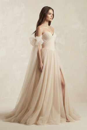 Beach Pleated Tulle Off-The-Shoulder A-Line Wedding Dresses With Slit – Wedding Dresses by KissProm | Available at KissProm