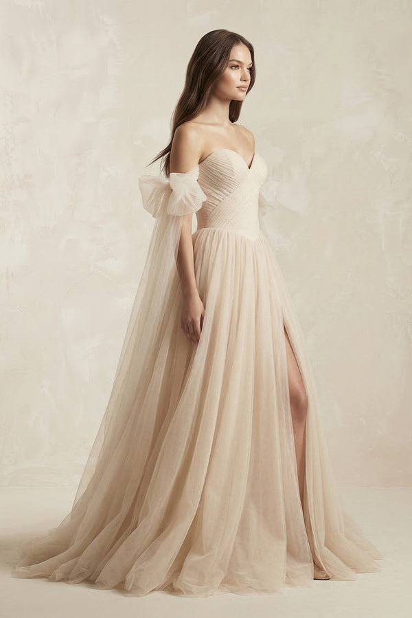Beach Pleated Tulle Off-The-Shoulder A-Line Wedding Dresses With Slit – Wedding Dresses by KissProm | Available at KissProm