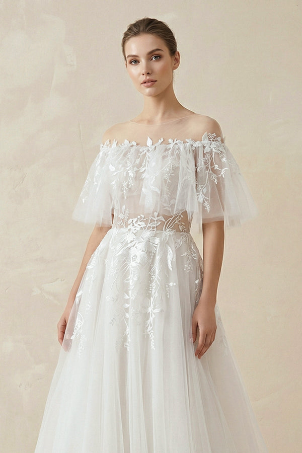 Off - the - Shoulder Tulle A - Line Wedding Dress with Appliqué - KissProm Wedding Dresses