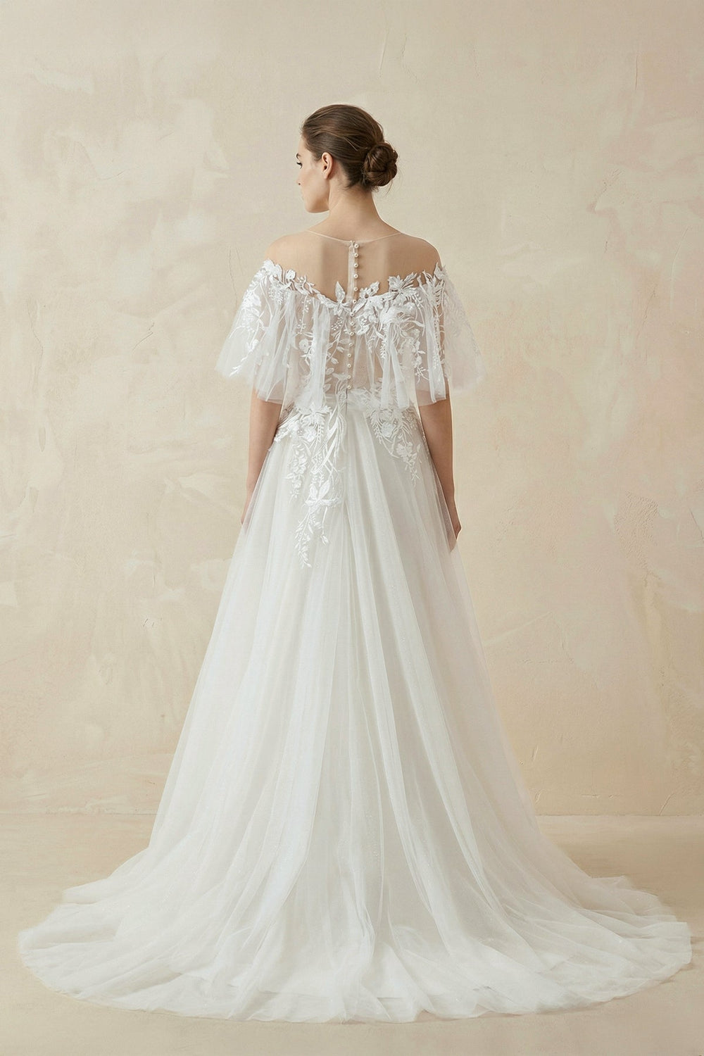 Off - the - Shoulder Tulle A - Line Wedding Dress with Appliqué - KissProm Wedding Dresses