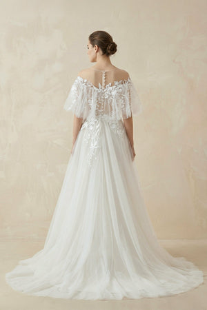 Off - the - Shoulder Tulle A - Line Wedding Dress with Appliqué - KissProm Wedding Dresses