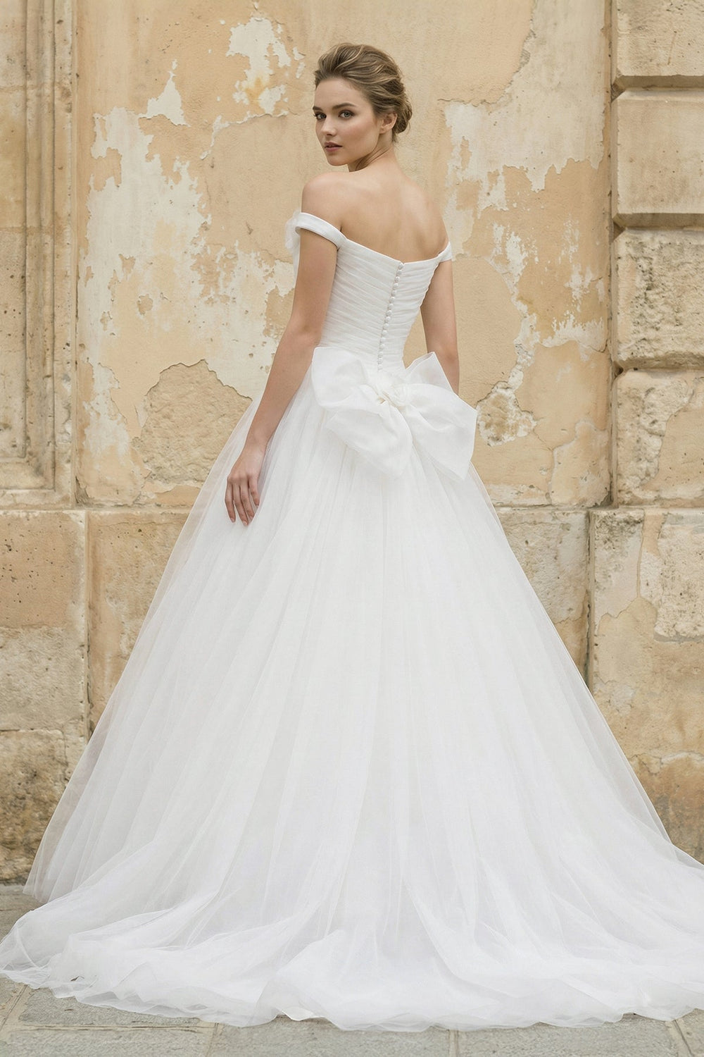 Off The Shoulder Tulle Ball Gown With Floral in White - KissProm Wedding Dresses