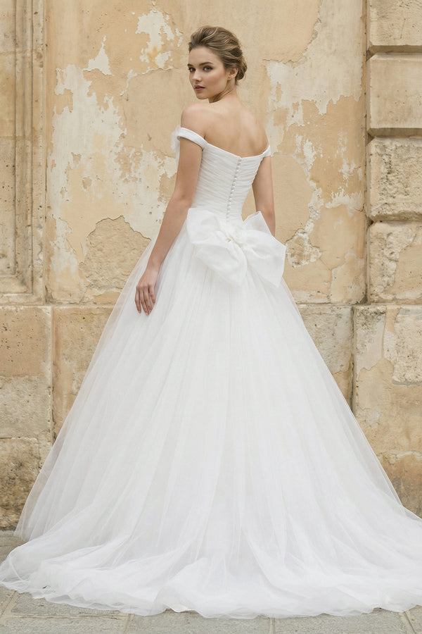 Off The Shoulder Tulle Ball Gown With Floral in White - KissProm Wedding Dresses