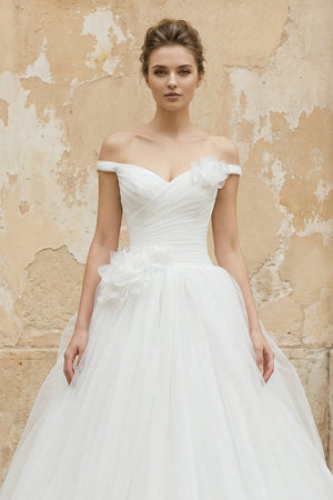 Off The Shoulder Tulle Ball Gown With Floral in White - KissProm Wedding Dresses