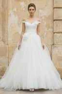 Off The Shoulder Tulle Ball Gown With Floral in White - KissProm Wedding Dresses