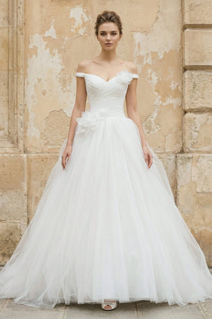 Off The Shoulder Tulle Ball Gown With Floral in White - KissProm Wedding Dresses
