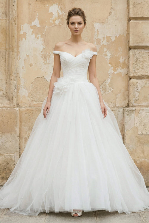 Off The Shoulder Tulle Ball Gown With Floral in White - KissProm Wedding Dresses