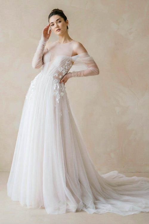 Illusion Off-the-Shoulder Tulle Sweep Train Flower Appliqued Wedding Dresses-Wedding Dresses by KissProm | Available at KissProm