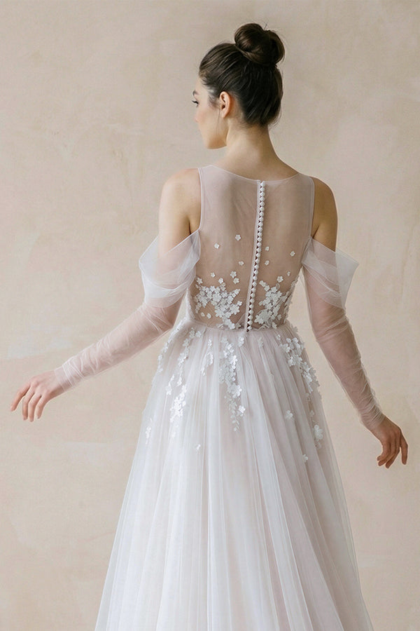 Illusion Off-the-Shoulder Tulle Sweep Train Flower Appliqued Wedding Dresses-Wedding Dresses by KissProm | Available at KissProm