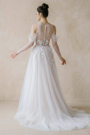 Illusion Off-the-Shoulder Tulle Sweep Train Flower Appliqued Wedding Dresses-Wedding Dresses by KissProm | Available at KissProm