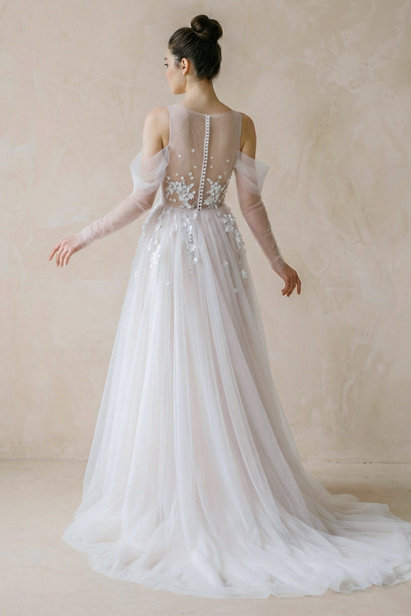 Illusion Off-the-Shoulder Tulle Sweep Train Flower Appliqued Wedding Dresses-Wedding Dresses by KissProm | Available at KissProm