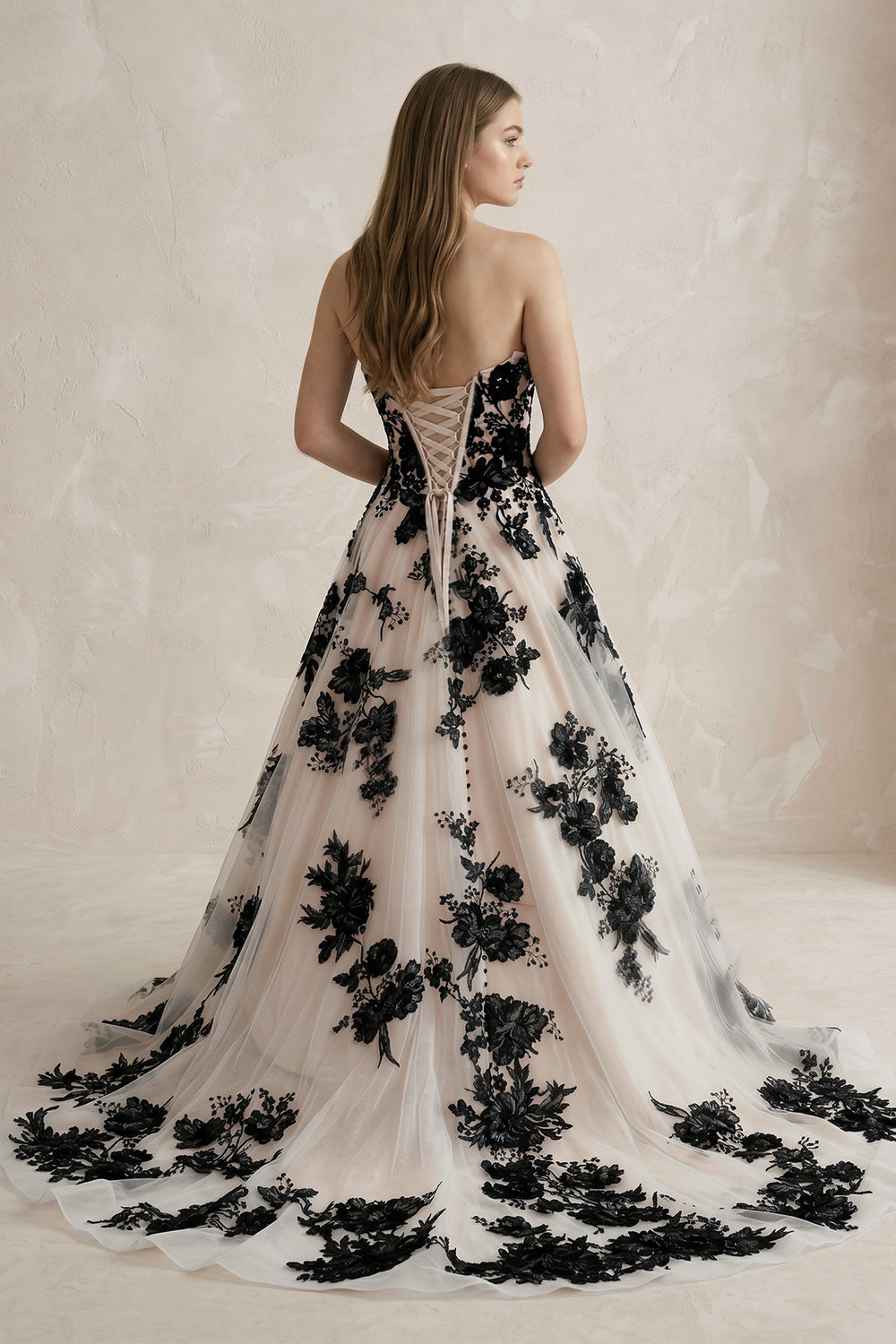 Off the Shoulder Tulle Long Wedding Dress with Black Appliques – Wedding Dresses by KissProm | Available at KissProm