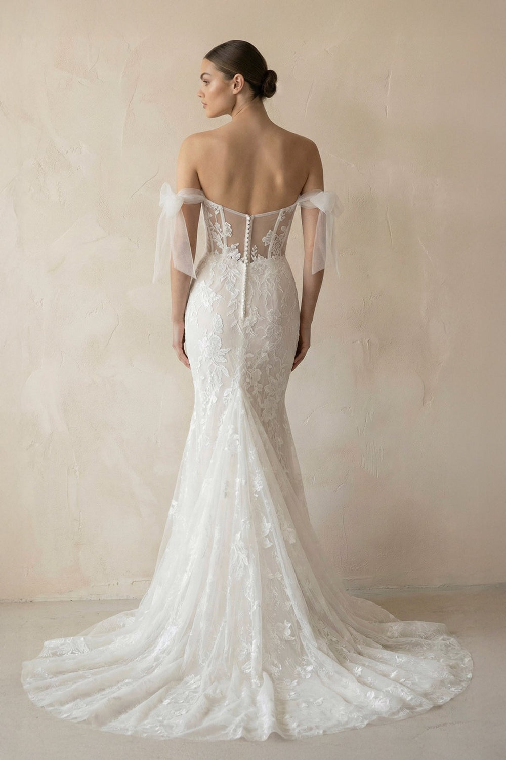 Off - the - Shoulder Tulle Mermaid Corset Wedding Dress With Appliques in Ivory - KissProm Wedding Dresses