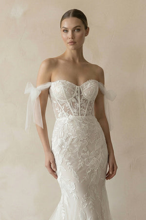 Off - the - Shoulder Tulle Mermaid Corset Wedding Dress With Appliques in Ivory - KissProm Wedding Dresses
