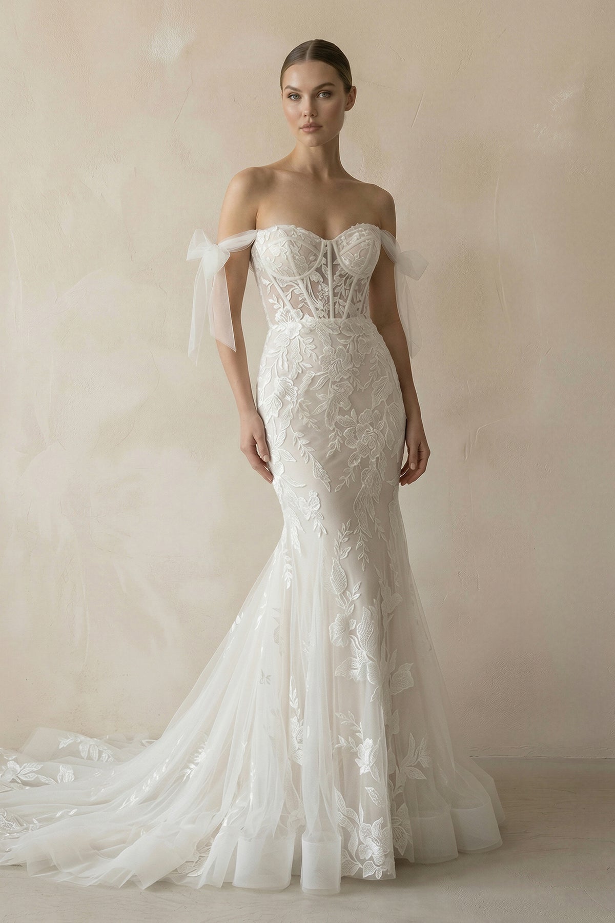Off-the-Shoulder Tulle Mermaid Corset Wedding Dress With Appliques in Ivory, Ivory / 0